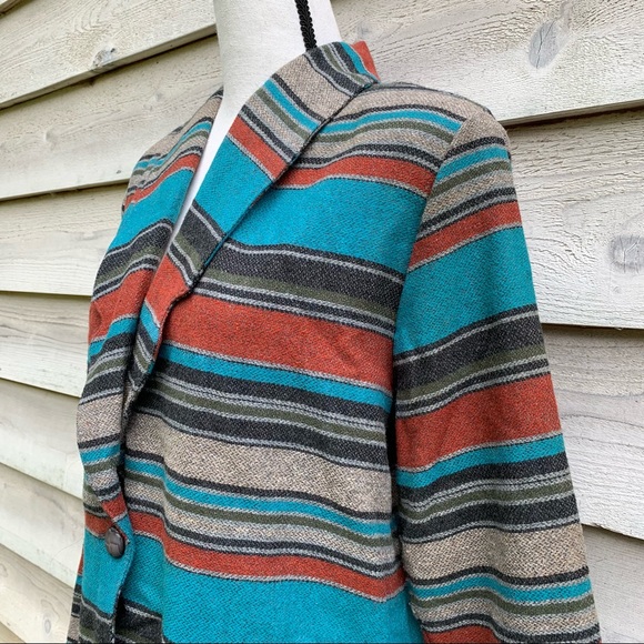 Vintage 80s Wool Blend Striped Print Collared V-Neck Long Sleeve Casual Jacket - Picture 5 of 16